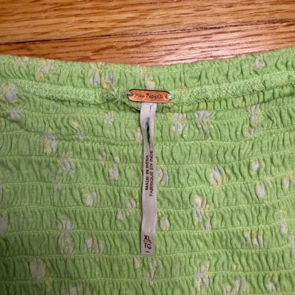 Free People XL Green‎ Smocked Crop Top Puff Sleeve Boho Festival